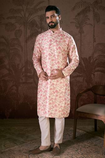 Men baby pink silk blend floral printed straight kurta