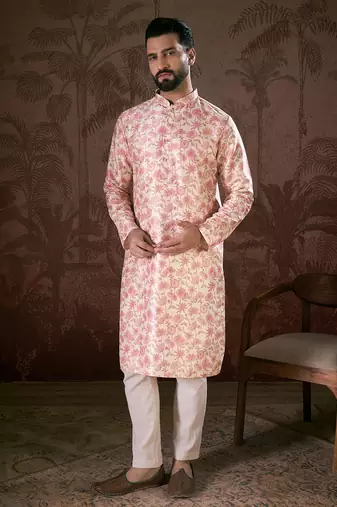 Men baby pink silk blend floral printed straight kurta
