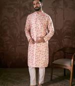 Men baby pink silk blend floral printed straight kurta