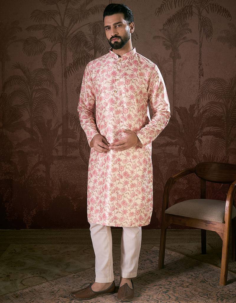 Men off white silk blend floral printed straight kurta