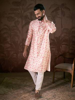 Men baby pink silk blend floral printed straight kurta 3