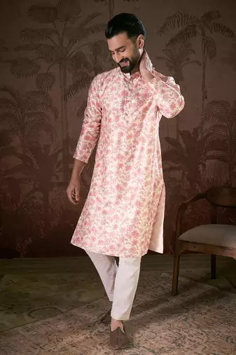 Men baby pink silk blend floral printed straight kurta