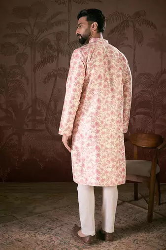 Men baby pink silk blend floral printed straight kurta