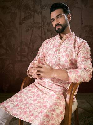 Men baby pink silk blend floral printed straight kurta 5