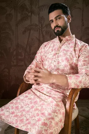 Men baby pink silk blend floral printed straight kurta