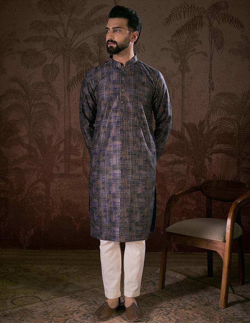 Men violet silk blend abstract printed straight kurta
