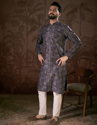 Men violet silk blend abstract printed straight kurta 1