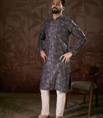 Men violet silk blend abstract printed straight kurta