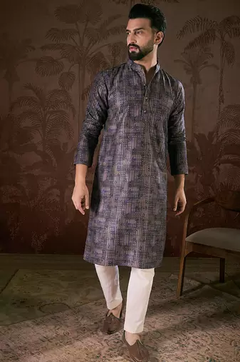 Men violet silk blend abstract printed straight kurta