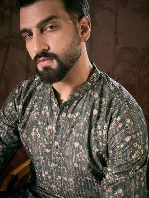 Men olive silk blend floral printed straight kurta 2