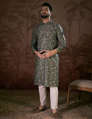 Men olive silk blend floral printed straight kurta 1