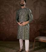 Men olive silk blend floral printed straight kurta