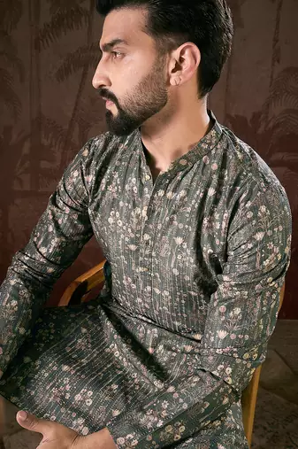 Men olive silk blend floral printed straight kurta
