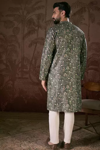 Men olive silk blend floral printed straight kurta