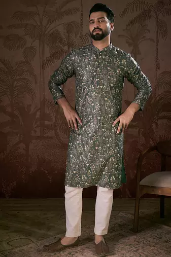 Men olive silk blend floral printed straight kurta