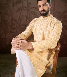 Men white silk blend ethnic motifs printed straight kurta