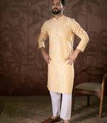 Men white silk blend ethnic motifs printed straight kurta