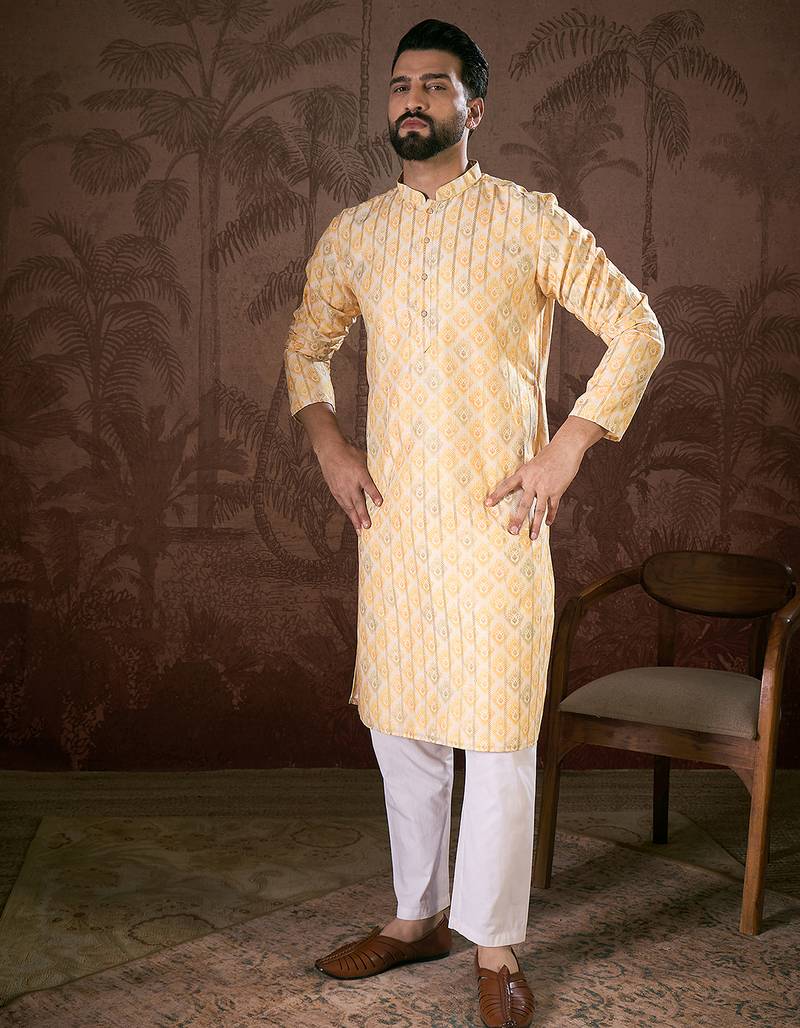 Men white silk blend ethnic motifs printed straight kurta