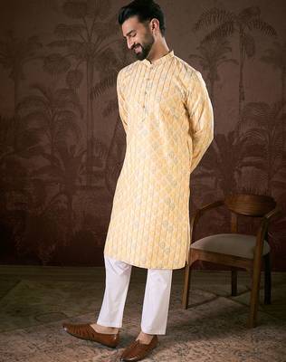 Men white silk blend ethnic motifs printed straight kurta 5
