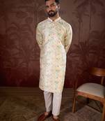 Men off white silk blend floral printed straight kurta