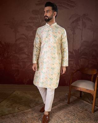 Men off white silk blend floral printed straight kurta 5