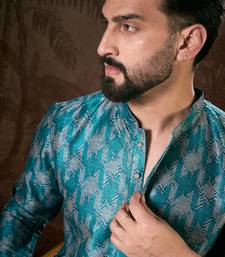Men turquoise blue silk blend chevron printed straight kurta