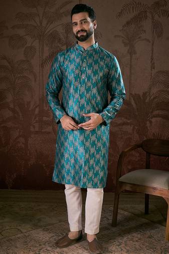 Men turquoise blue silk blend chevron printed straight kurta