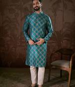 Men turquoise blue silk blend chevron printed straight kurta