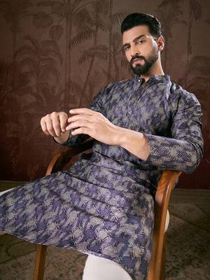 Men violet silk blend chevron printed straight kurta 2