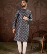 Men violet silk blend chevron printed straight kurta