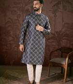 Men violet silk blend chevron printed straight kurta