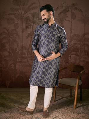 Men violet silk blend chevron printed straight kurta 5