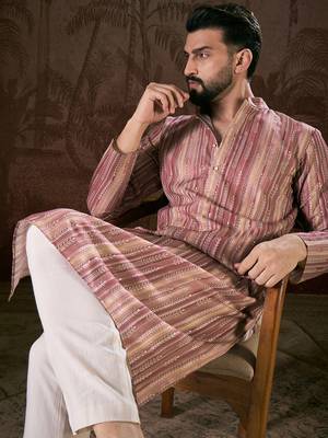 Men mauve silk blend floral printed straight kurta 2