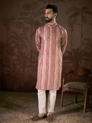 Men mauve silk blend floral printed straight kurta 5