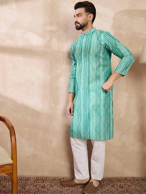 Men green silk blend floral printed straight kurta 3