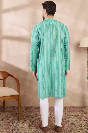 Men green silk blend floral printed straight kurta