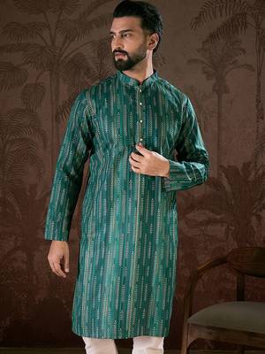 Men turquoise blue silk blend floral printed straight kurta 1