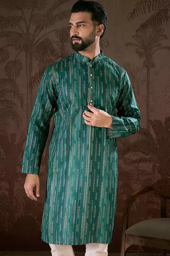 Men turquoise blue silk blend floral printed straight kurta
