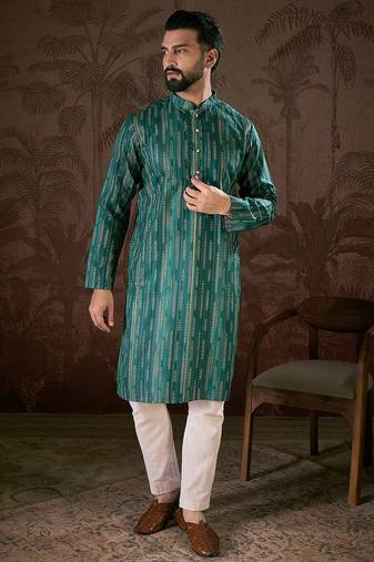 Men turquoise blue silk blend floral printed straight kurta