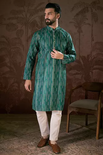 Men turquoise blue silk blend floral printed straight kurta