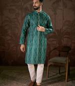Men turquoise blue silk blend floral printed straight kurta