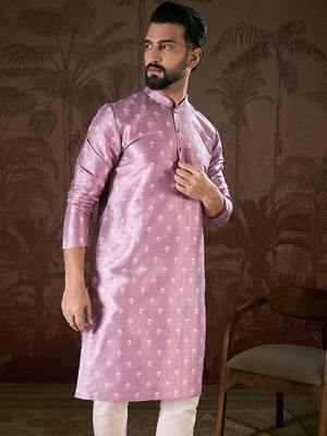 Men lavender silk blend floral printed straight kurta 2