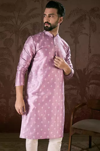Men lavender silk blend floral printed straight kurta