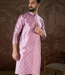 Men lavender silk blend floral printed straight kurta