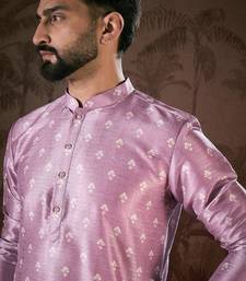 Men lavender silk blend floral printed straight kurta