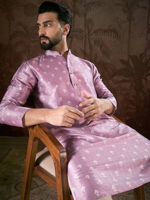 Men lavender silk blend floral printed straight kurta 3
