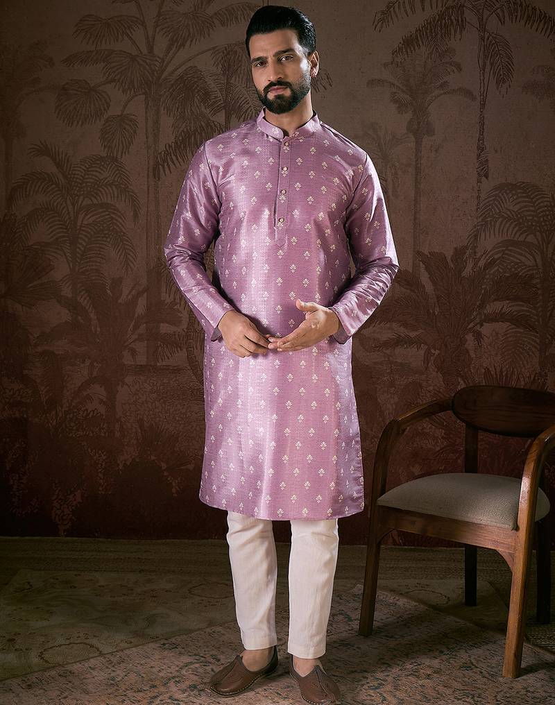 Men lavender silk blend floral printed straight kurta