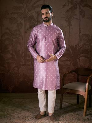 Men lavender silk blend floral printed straight kurta 1