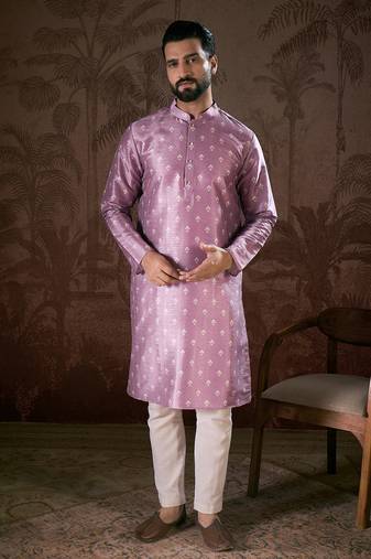 Men lavender silk blend floral printed straight kurta
