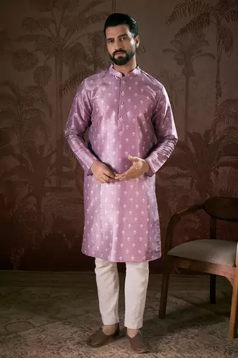 Men lavender silk blend floral printed straight kurta